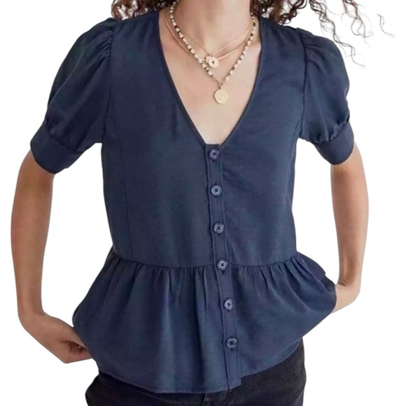 Madewell Tops - Madewell Navy Peplum Button Front Puff Sleeve Blouse Size M Viscose Top